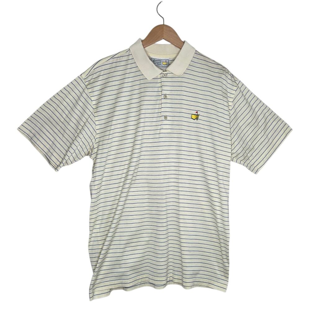 Vtg Masters Augusta National Golf Yellow Blue Striped Polo Shirt‎ Mens SZ L Logo